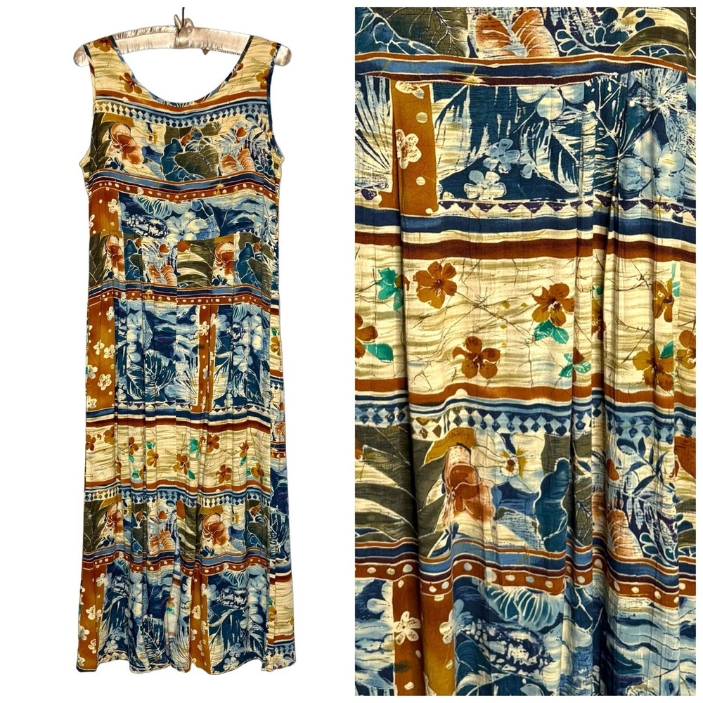 Vintage Jams World Midi Dress S Pockets Patchwork Hawaiian Art Tropical Resort